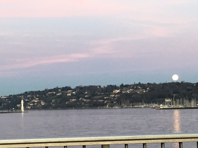Moonrise over the Pont du Mont Blanc, Geneva, Switzerland. Photo: PK Read